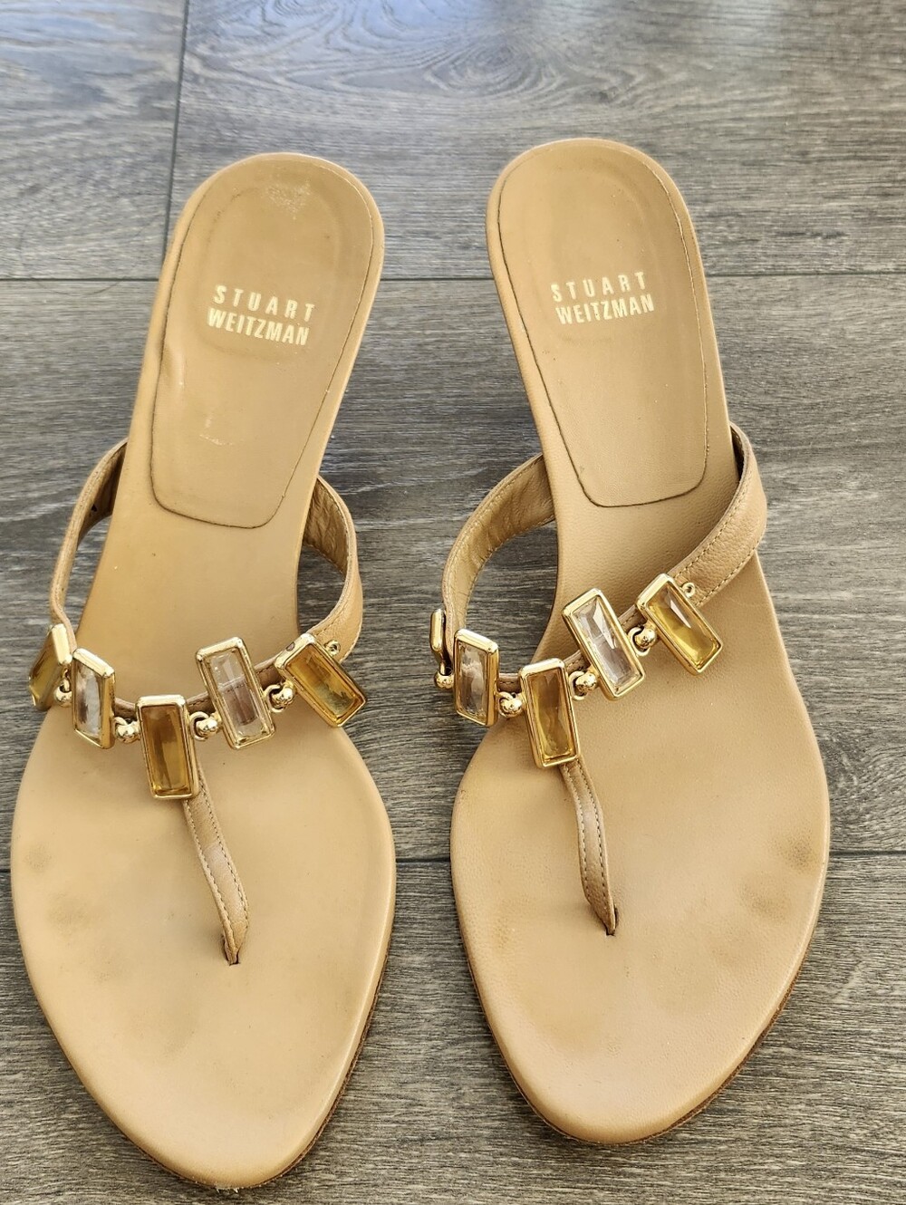 Stuart Weitzman Tan Jeweled Thong Sandals Size 8
